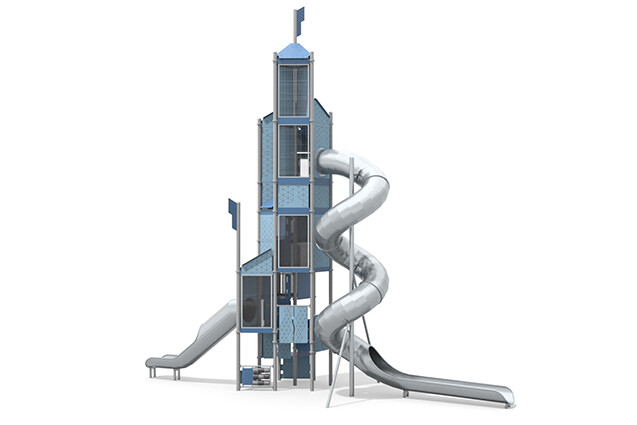 3D rendering af Spielturm - Mega Turm Röhrenrutsche blau