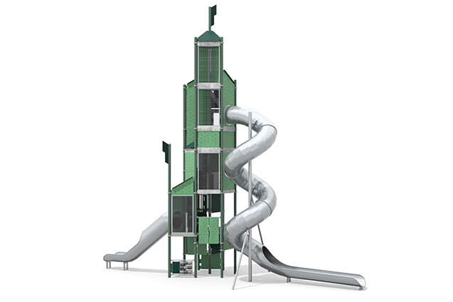 3D rendering af Spielturm - Mega Turm Röhrenrutsche grün