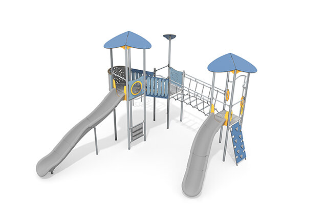 3D rendering af Spielturm - Aquarius INOX dreifacher Turm Seilbrücke