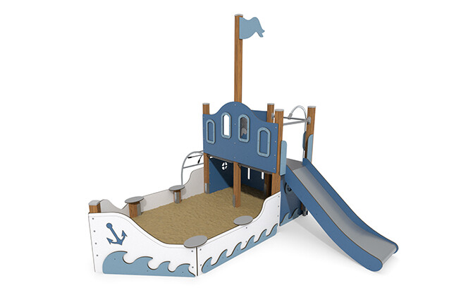 3D rendering af Spielschiff - ECO Schiff mit Sandkasten blau