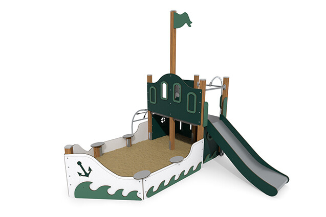 3D rendering af Spielschiff - ECO Schiff mit Sandkasten grün
