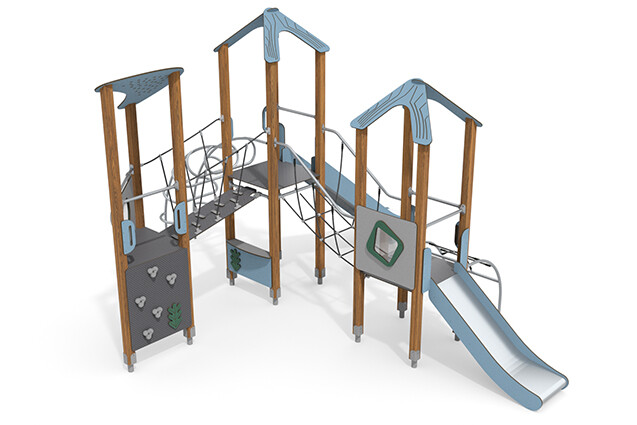 3D rendering af Spielturm - ECO dreifacher Turm Kletterleitern blau