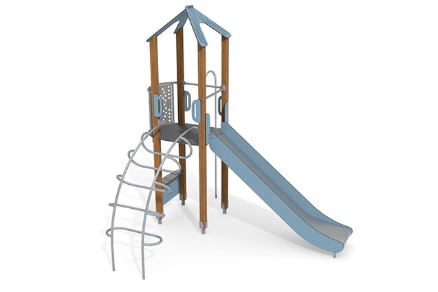 3D rendering af Spielturm - ECO einzelner Turm Feuerwehrstange blau