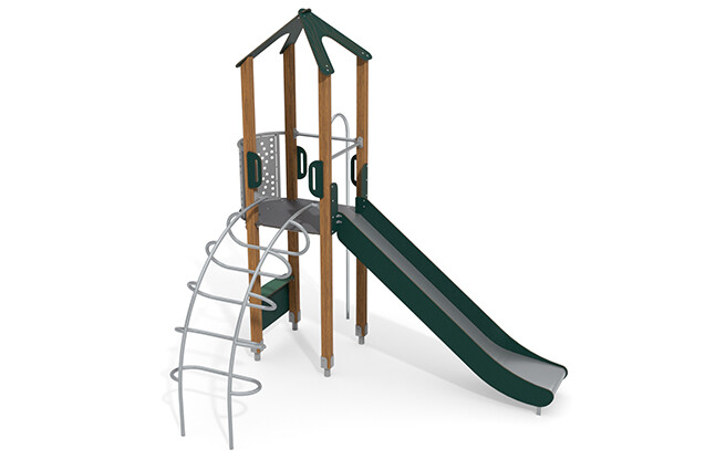 3D rendering af Spielturm - ECO einzelner Turm Feuerwehrstange grün