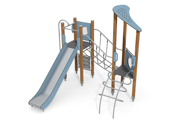 3D rendering af Spielturm - ECO doppelter Turm Seilbrücke blau