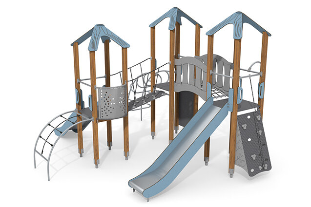 3D rendering af Spielturm - ECO dreifacher Turm Rutsche blau