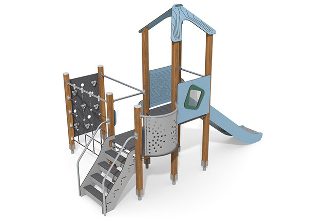 3D rendering af Spielturm - ECO doppelter Turm Kletterwand blau