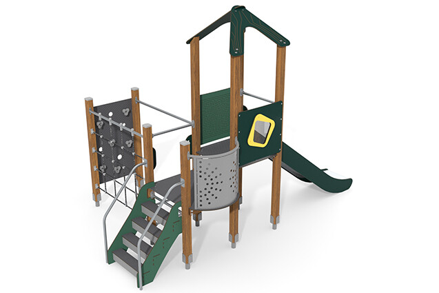 3D rendering af Spielturm - ECO doppelter Turm Kletterwand grün