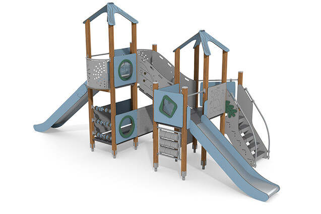 3D rendering af Spielturm - ECO zwei Türme Aktivitätstafeln blau