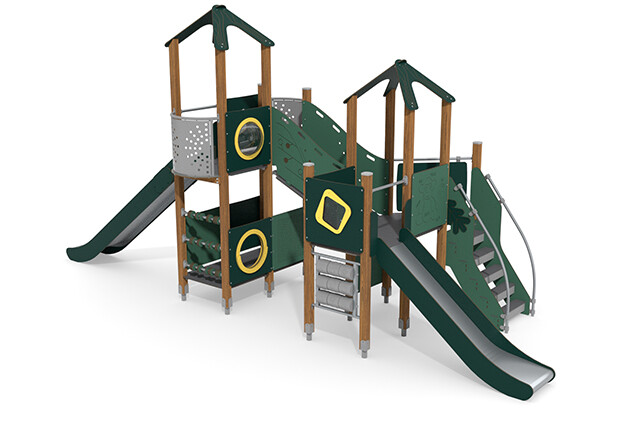 3D rendering af Spielturm - ECO zwei Türme Aktivitätstafeln grün