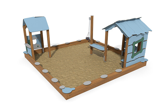 3D rendering af Sandkasten - ECO Sandkastenumgebung zwei Spielhäuser blau
