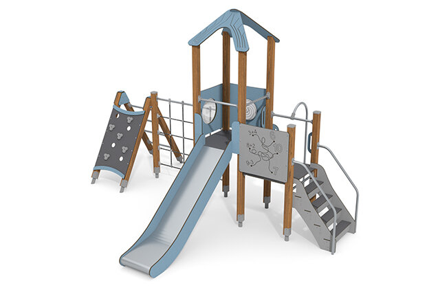 3D rendering af Spielturm - ECO einzelner Turm Kletternetz blau