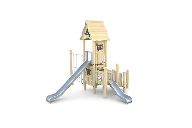3D rendering af Spielturm - Robinie mit zwei Rutschen