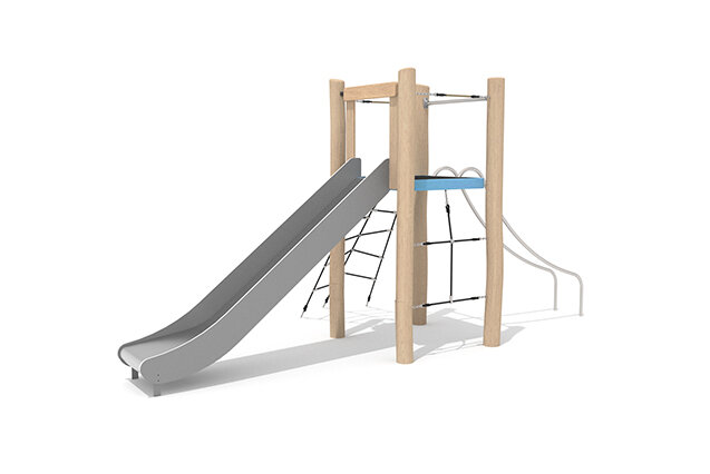3D rendering af Spielturm - Robinia Scandic Einzelturm mit Rutsche und Kletterelementen