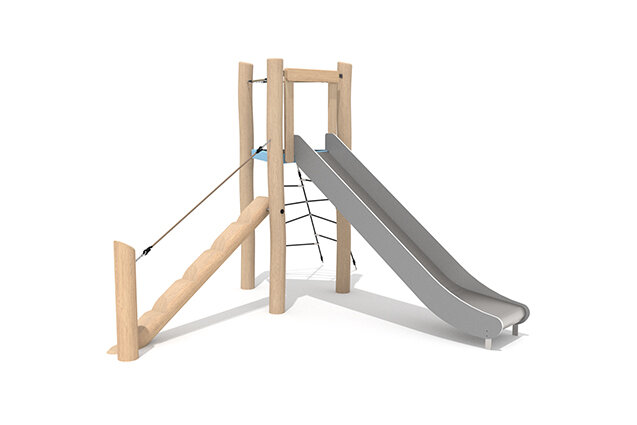 3D rendering af Spielturm - Robinia Scandic dreieckiger Turm mit Rutsche und schrägem Balancierbalken