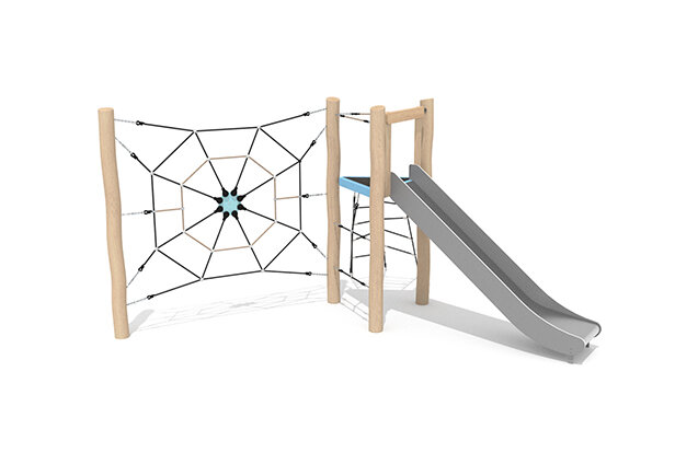 3D rendering af Spielturm - Robinia Scandic Turm mit Rutsche und Spinnennetz-Kletternetz