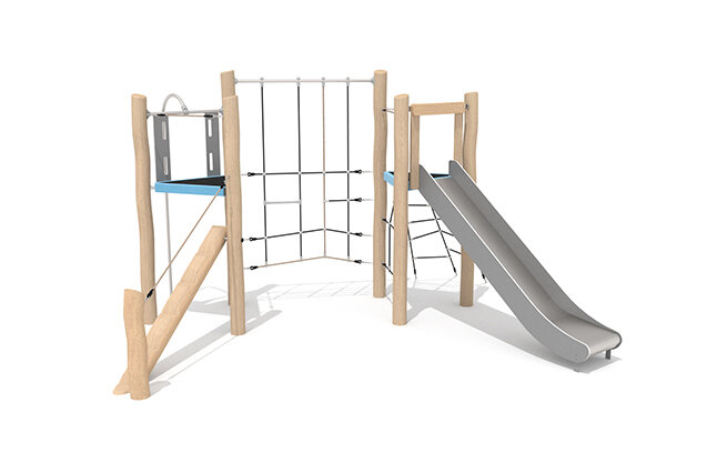 3D rendering af Spielturm - Robinia Scandic Doppelturm mit Kletternetz und Balancierbalken