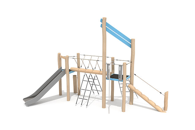 3D rendering af Spielturm - Robinia Scandic Doppelturm mit Feuerwehrstange