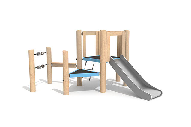 3D rendering af Spielturm - Robinia Scandic Doppelturm mit Rutsche und Tisch