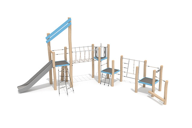 3D rendering af Spielturm - Robinia Scandic Dreifachturm mit Kletternetz und Seilbrücke