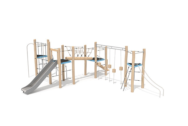 3D rendering af Spielturm - Robinia Scandic Vierfachturm mit Kletterparcours