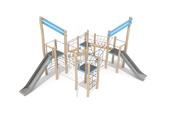 3D rendering af Spielturm - Robinia Scandic vier Türme mit Rutschen und Kletternetzen