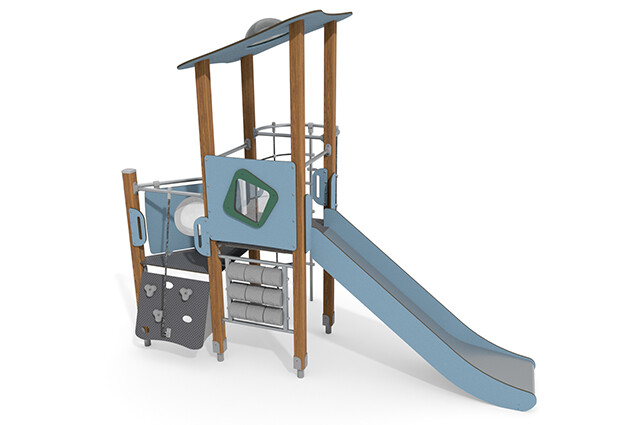 3D rendering af Spielturm - ECO einzelner Turm Plattform Seiltunnel blau
