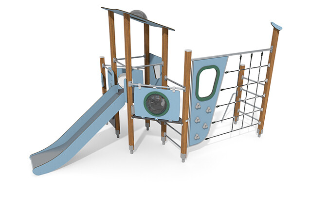 3D rendering af Spielturm - ECO einzelner Turm Kletterbahn blau