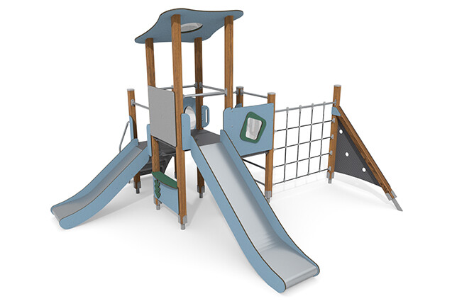 3D rendering af Spielturm - ECO einzelner Turm zwei Rutschen blau