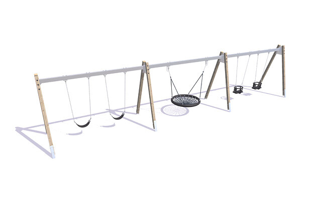 3D rendering af Schaukel - Gestell Vogelnest, zwei Sattel und zwei Baby A-Bein Lärche und Stahl H 2,1m