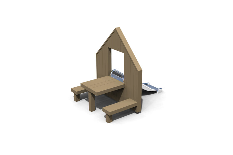 3D rendering af Spielhaus - Fassade m Rutsche, Tisch und Bank Olivia