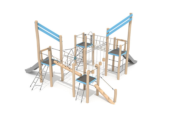 Spielturm - Robinia Scandic vier Türme mit Rutschen und Kletternetzen